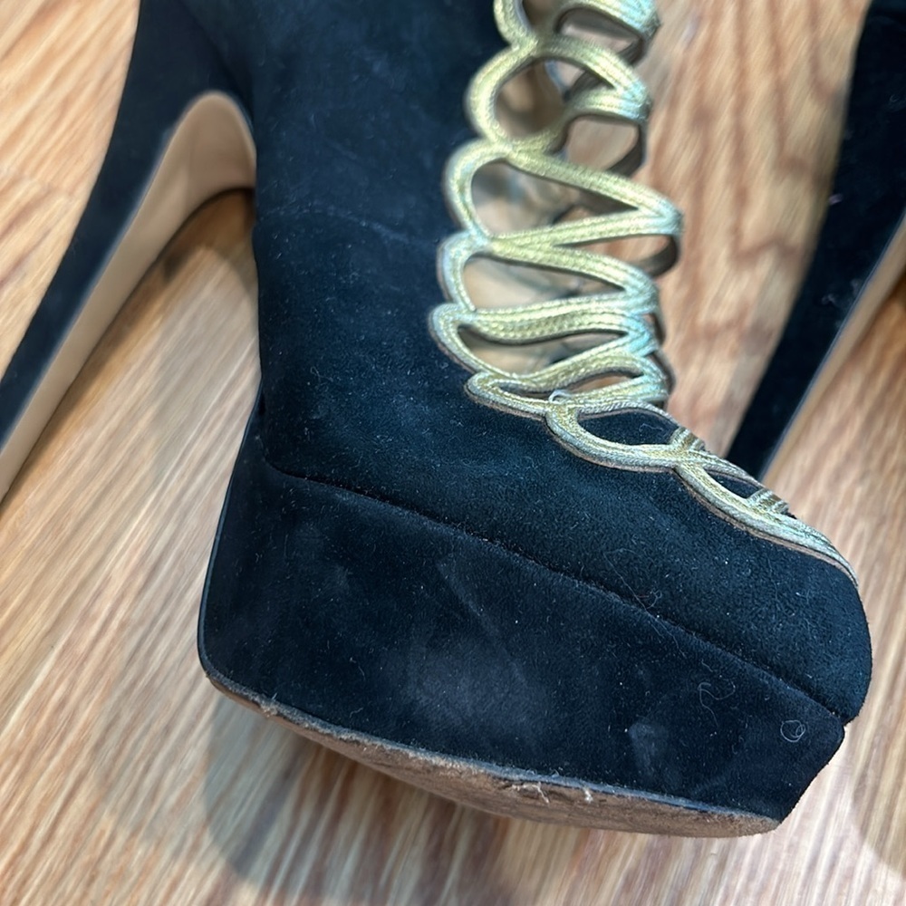 Charlotte Olympia Zena Black And Gold Suede Stiletto  Bootie Size 37 women’s - Picture 13 of 14